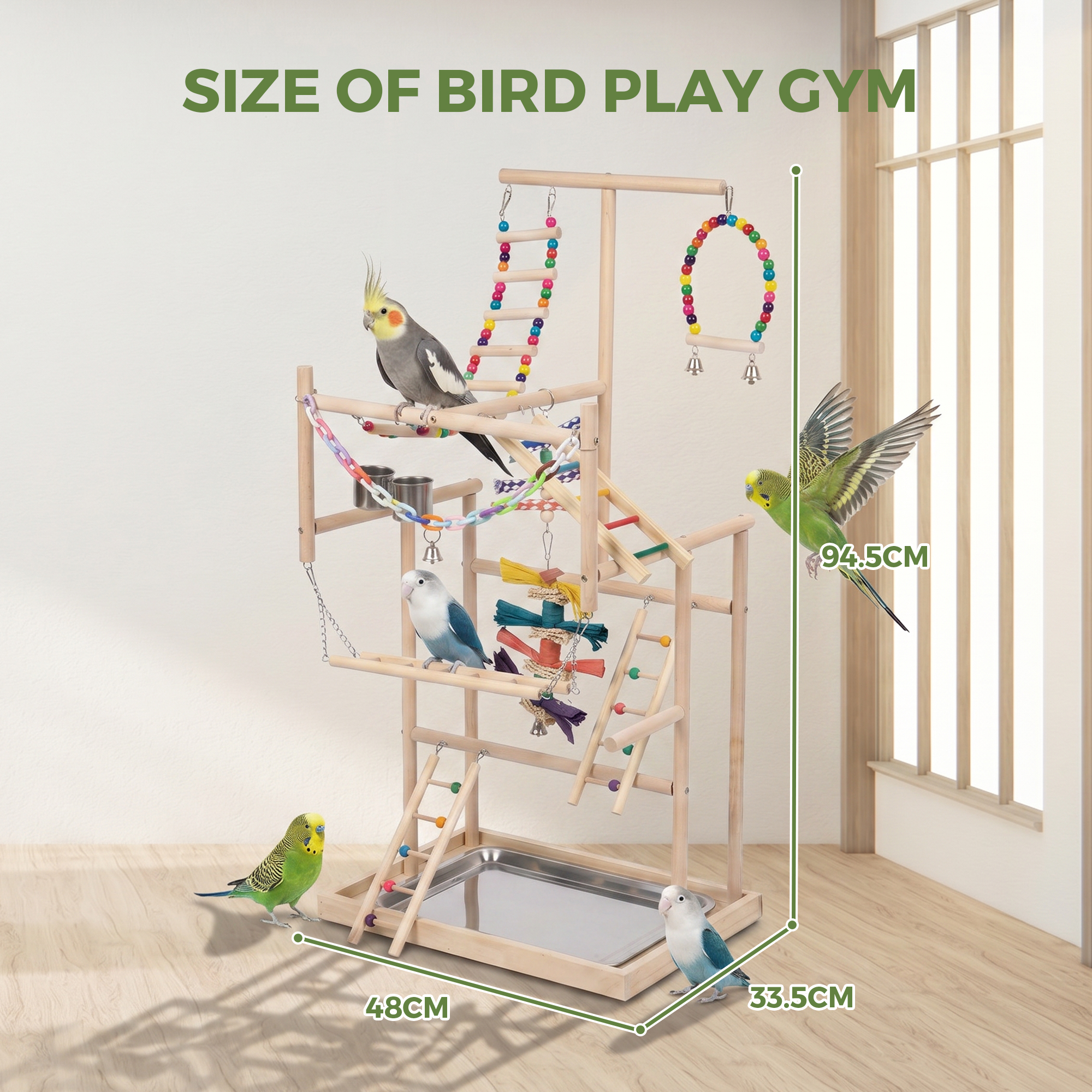 Advwin Bird Playground Stand with Swing & Ladder, Parrot Play Gym with Wood Perches, Feeding Cups & Stainless Steel Tray for Small Medium Birds Budgie Cockatiel Conure - Image 4