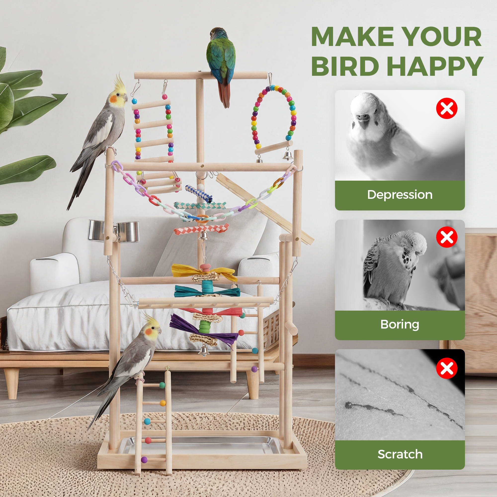 Advwin Bird Playground Stand with Swing & Ladder, Parrot Play Gym with Wood Perches, Feeding Cups & Stainless Steel Tray for Small Medium Birds Budgie Cockatiel Conure