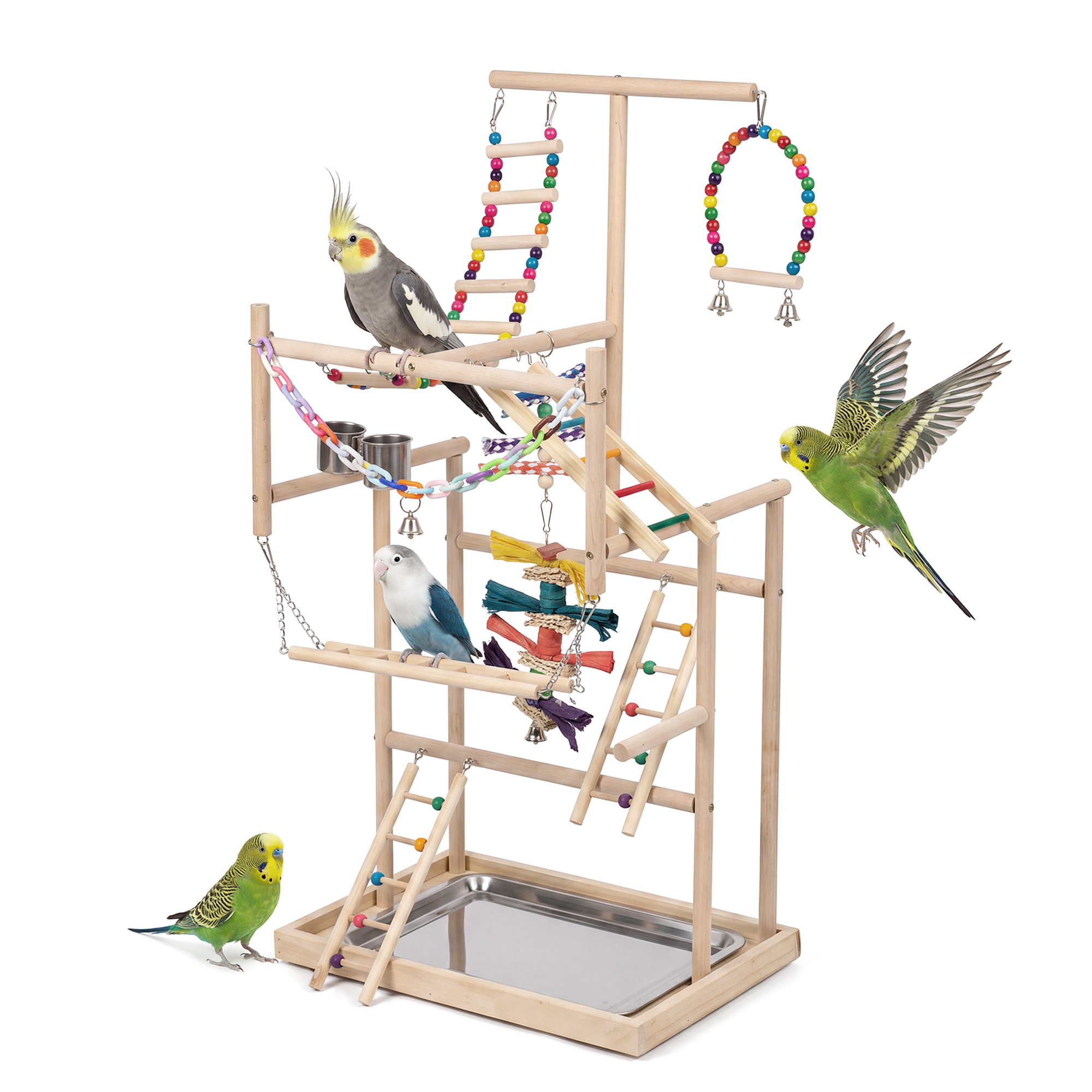 Advwin Bird Playground Stand with Swing & Ladder, Parrot Play Gym with Wood Perches, Feeding Cups & Stainless Steel Tray for Small Medium Birds Budgie Cockatiel Conure - Image 6