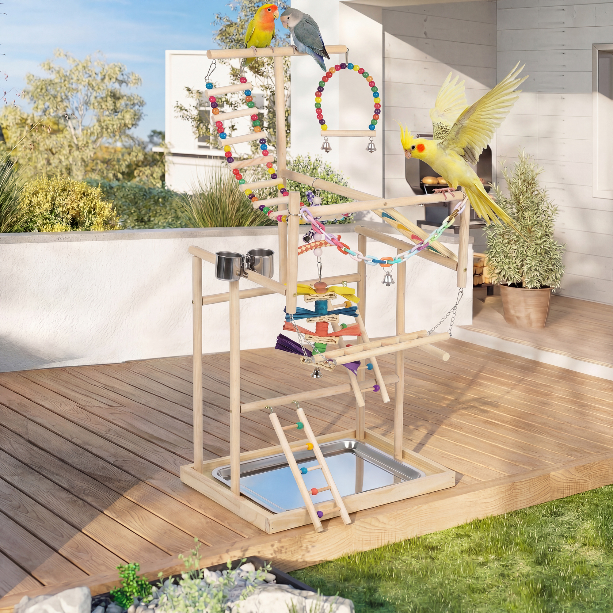 Advwin Bird Playground Stand with Swing & Ladder, Parrot Play Gym with Wood Perches, Feeding Cups & Stainless Steel Tray for Small Medium Birds Budgie Cockatiel Conure - Image 5
