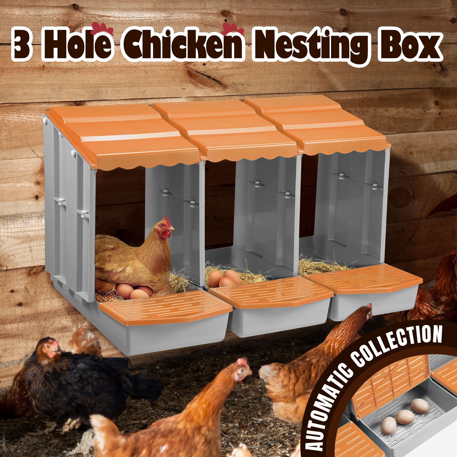 Maxkon 3 Hole Chicken Nesting Box Chook Hen Roll Away Laying Boxes Poultry Modular House Egg Coop Nest Perch Plastic