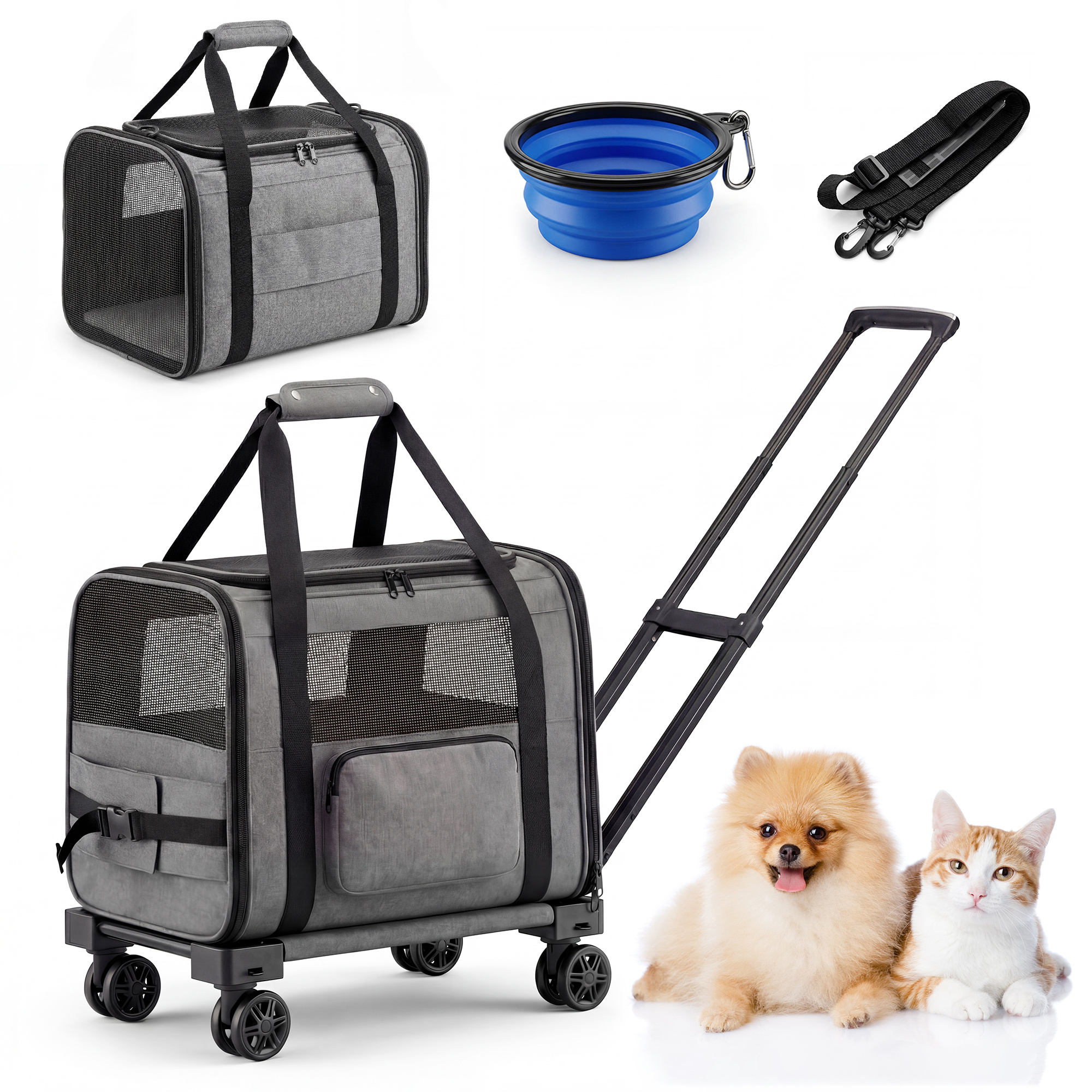 TEMU Advwin 3in1 Foldable Pet Stroller Carrier Bag Breathable Mesh Wheels Travel Pet Cart With Collapsible Bowl