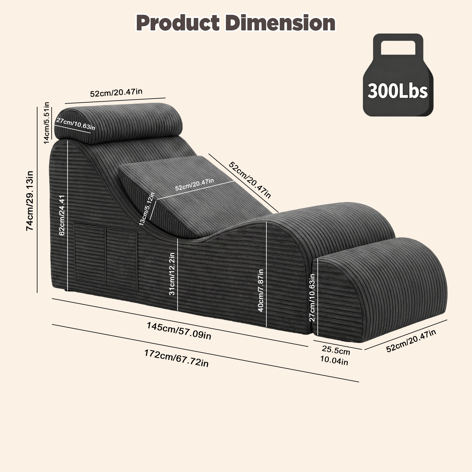 TEMU Advwin Chaise Lounge, Yoga Chair With Side Pocket, Headrest, Waist Pad, Ottoman, Washable Corduroy Cover, No Assembly Needed, For Exercise,