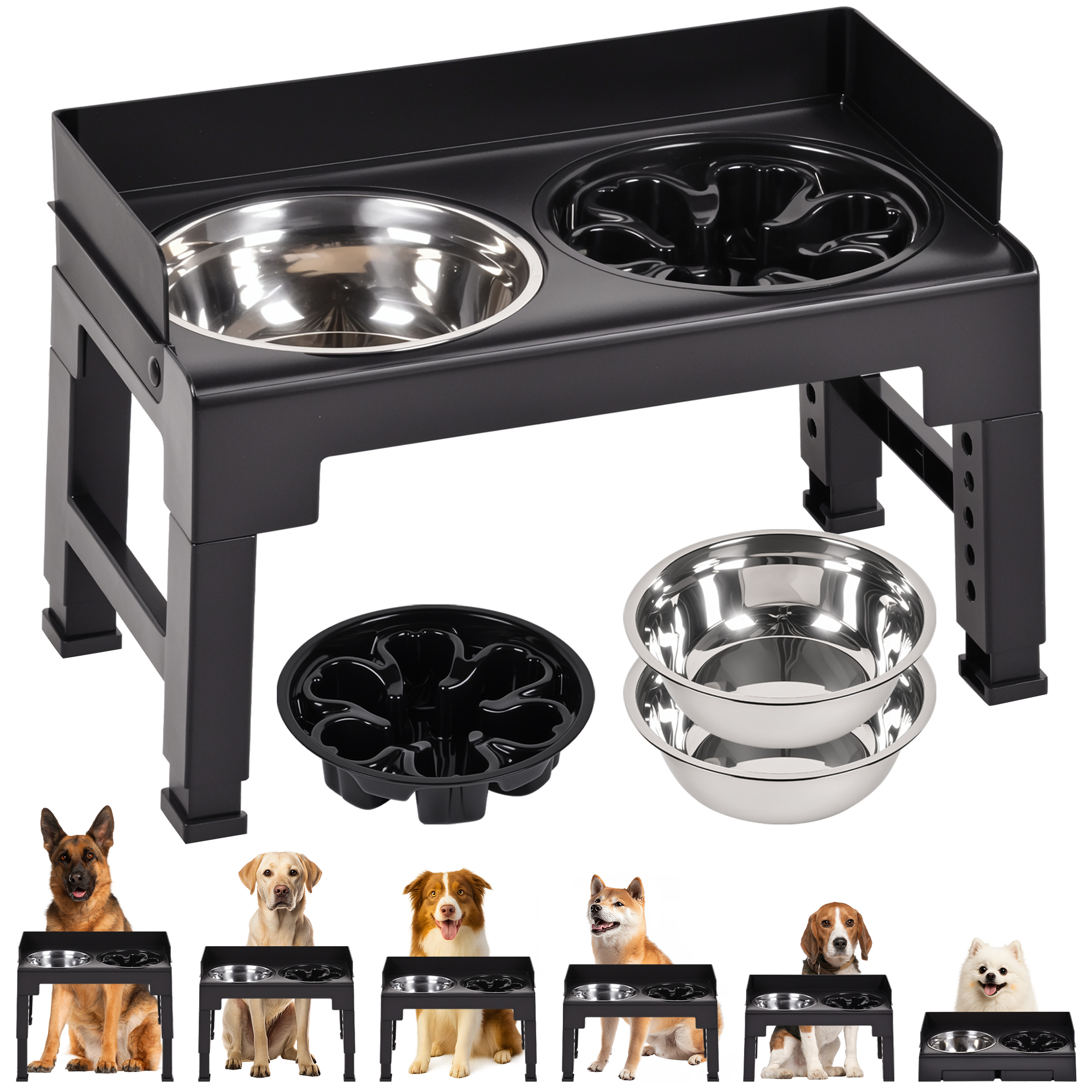 TEMU Elevated Dog Bowls With 2 Stainless Food Bowls And 1 Slow Feeder Bowl, Raised Dog Bowl Adjusts To 6 , For Small Medium And Large Dogs