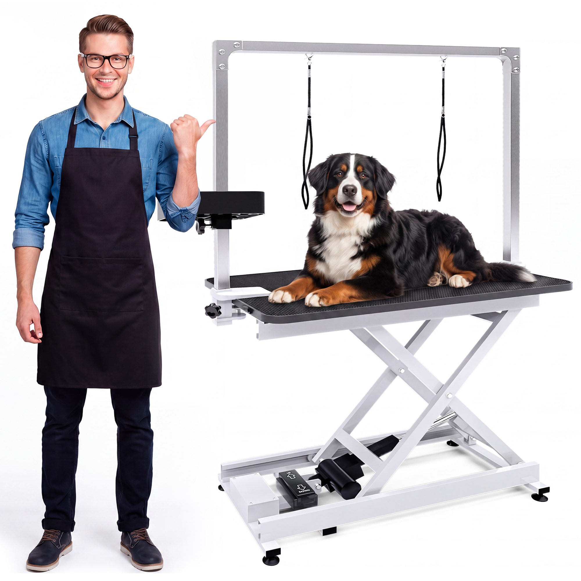 TEMU Electric Pet Grooming Table, Height Adjustable Heavy Duty Pet Grooming Station, Storage Shelf & 2 Loops For Large Dogs Cats