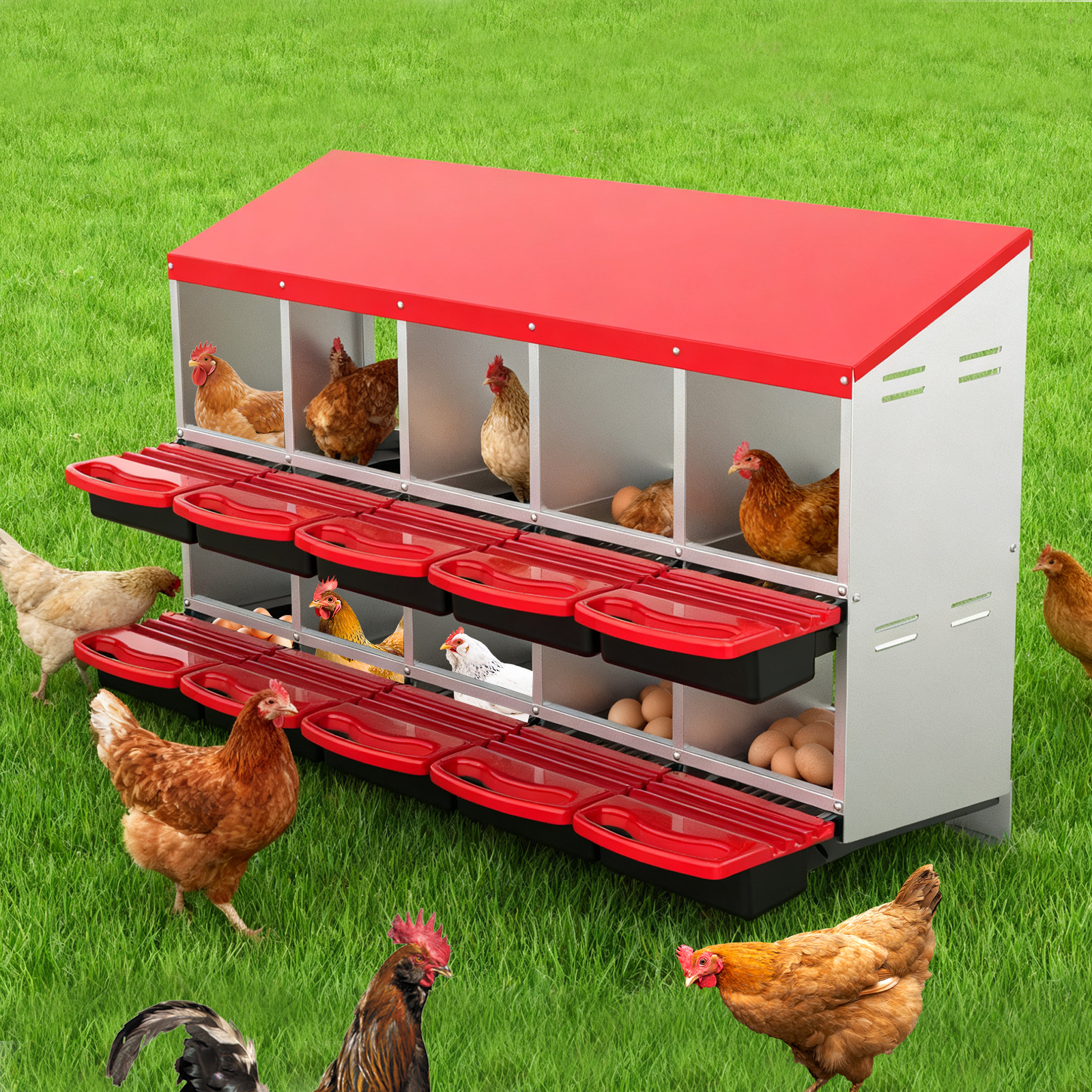 TEMU Metal Chicken Egg Nesting Box, 2 Layer 10 Hole Hen Laying Box, Auto Egg Collection, Ventilated Hygienic Poultry Nest, Wall Mount Or Stand Alone,