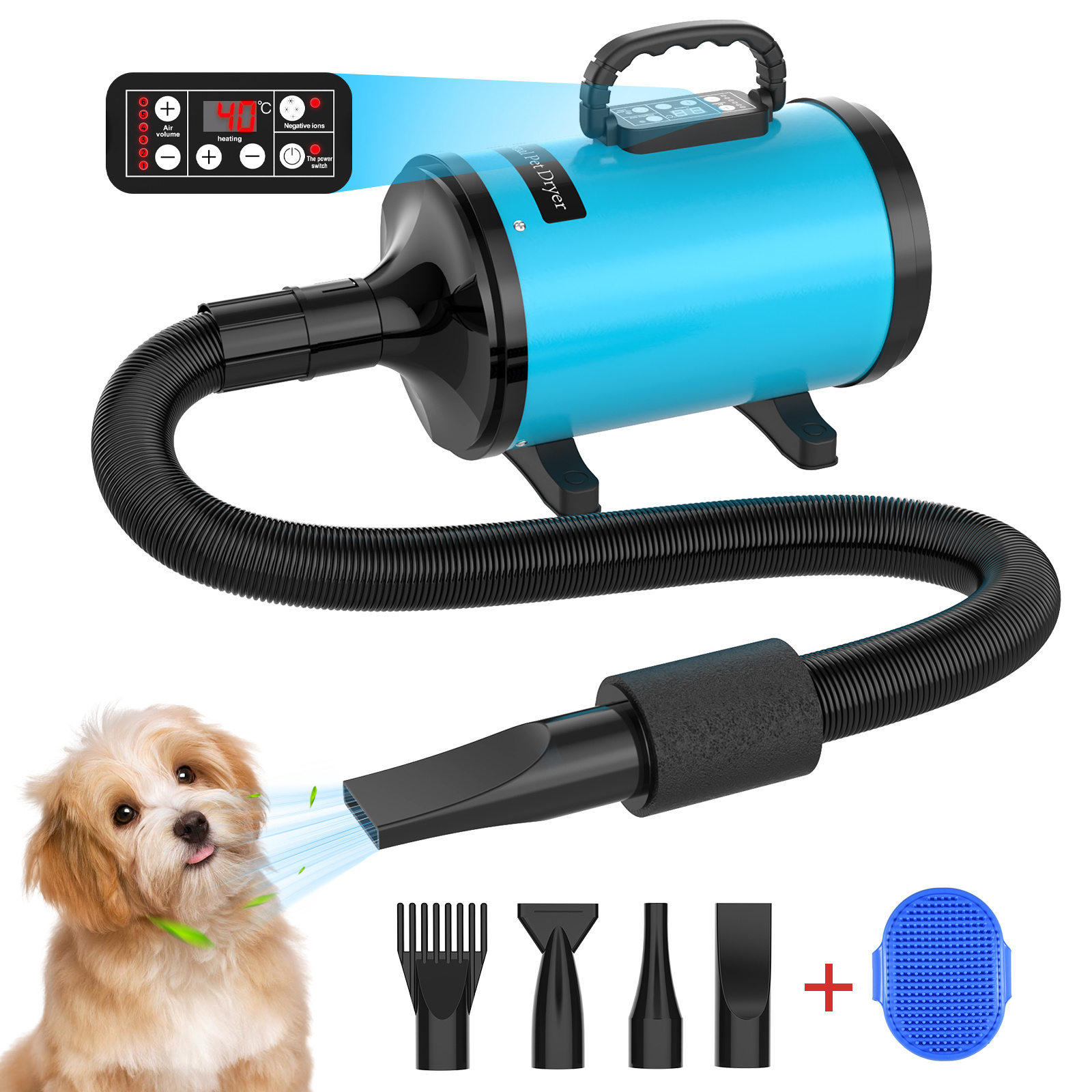 TEMU Advwin Lcd Dog Dryer, Pet Grooming Dryer With Pet Training Pad, Adjustable Speed Pet Dryer, Hair Blower Heater With 4 Nozzles - Blue