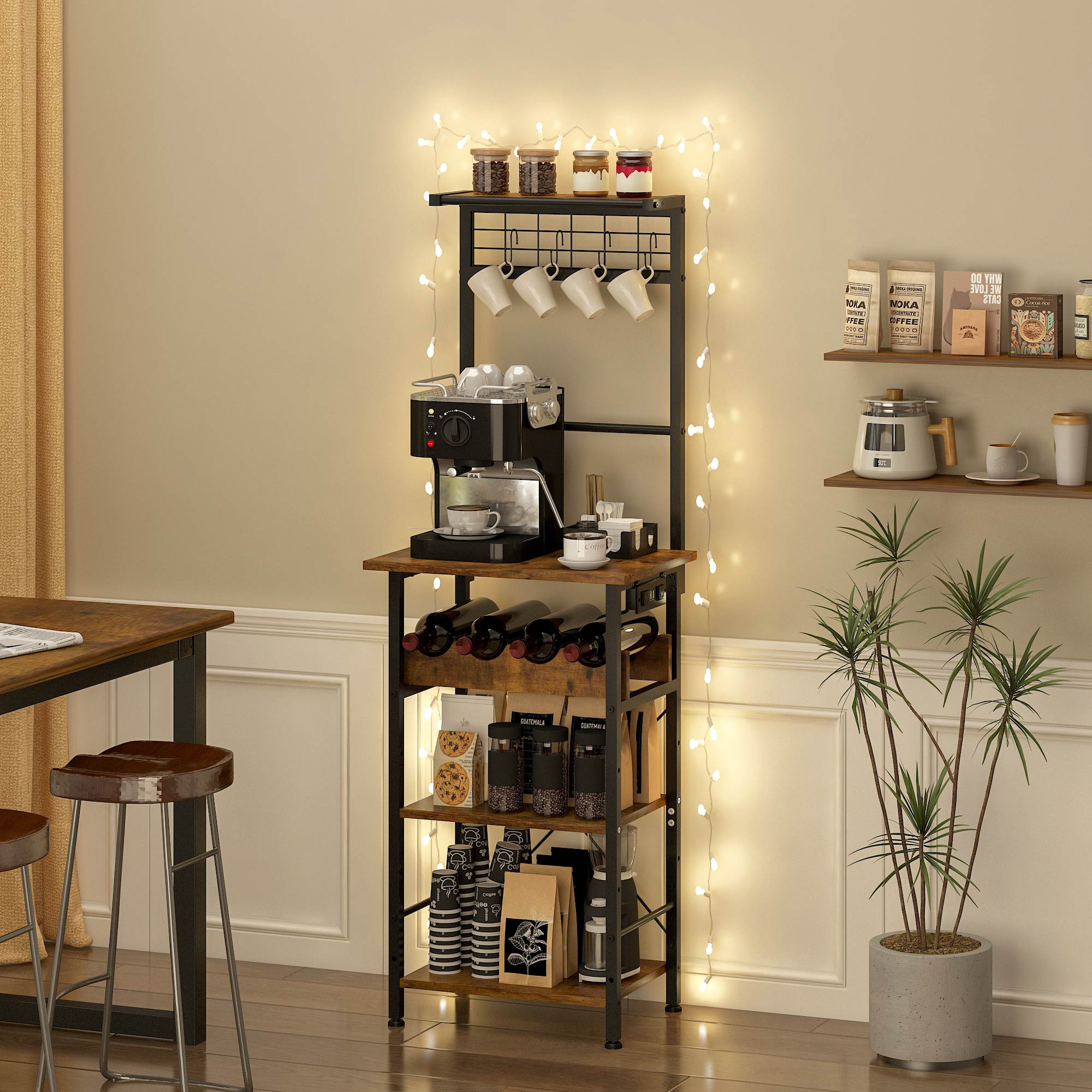 TEMU Advwin Kitchen Bakers Rack With Power Outlet, 5 Tiers Microwave Stand With Wine Rack, Coffee Bar Station With 4 S Hooks, Kitchen Storage Shelf