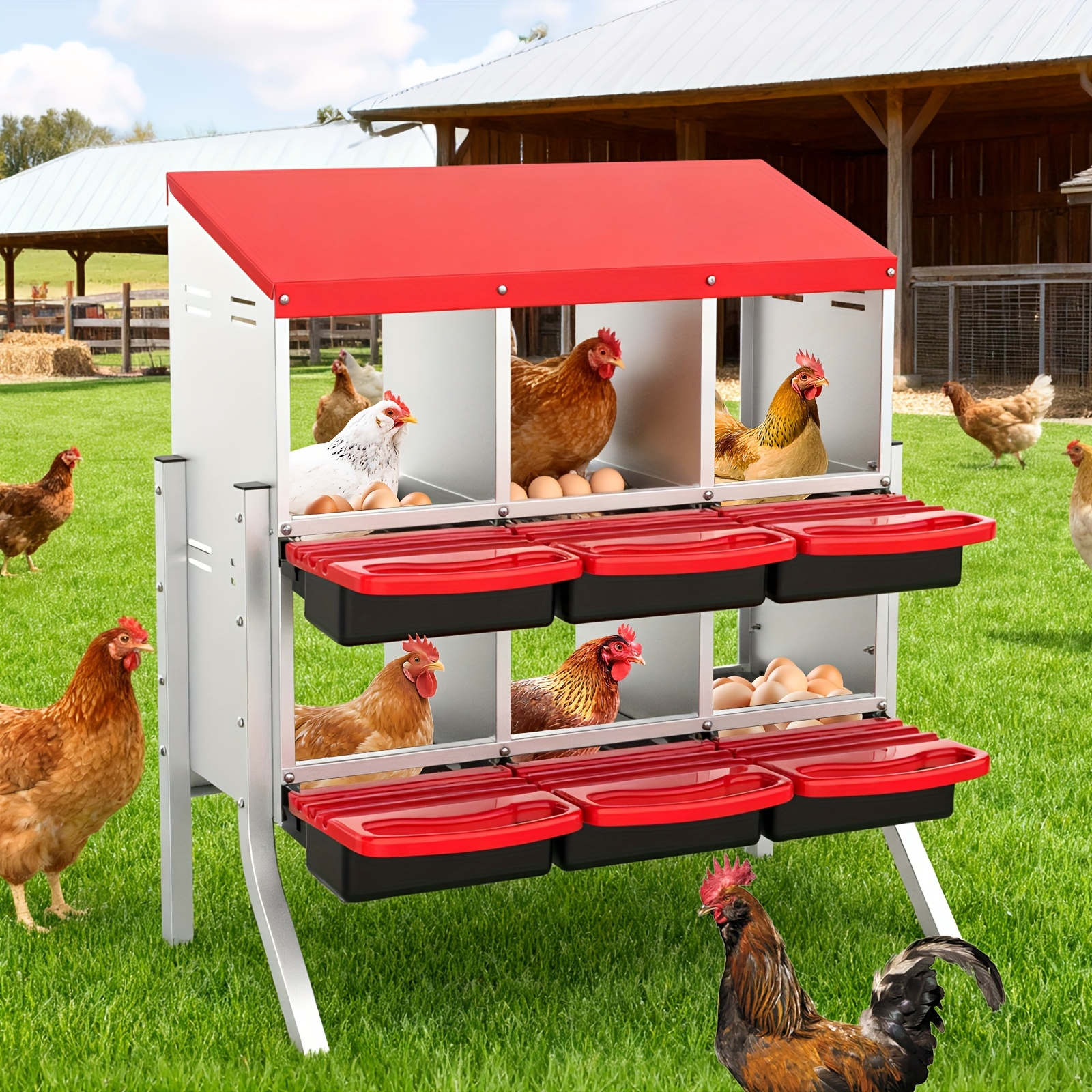TEMU Metal Chicken Egg Nesting Box With Elevated Legs, 2--hole Auto Egg Collection, Ventilated Poultry Nest, Wall Mount Or Free-standing