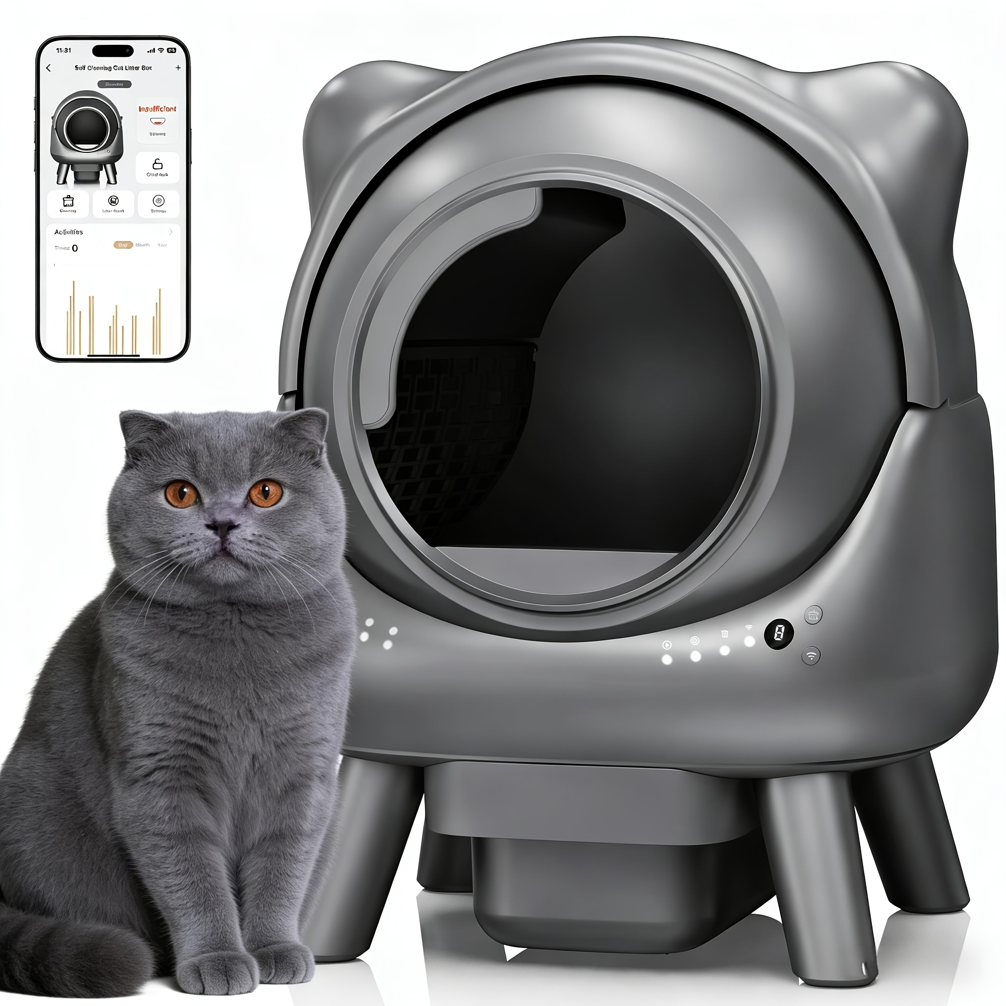 Advwin Self Cleaning Litter Box With Garbage Bags, Anti-Pinch Safety Protection Kitten Mode, Child Lock, Automatic Cat Litter Box 65L+12L Large Capacity For Multi-Cats