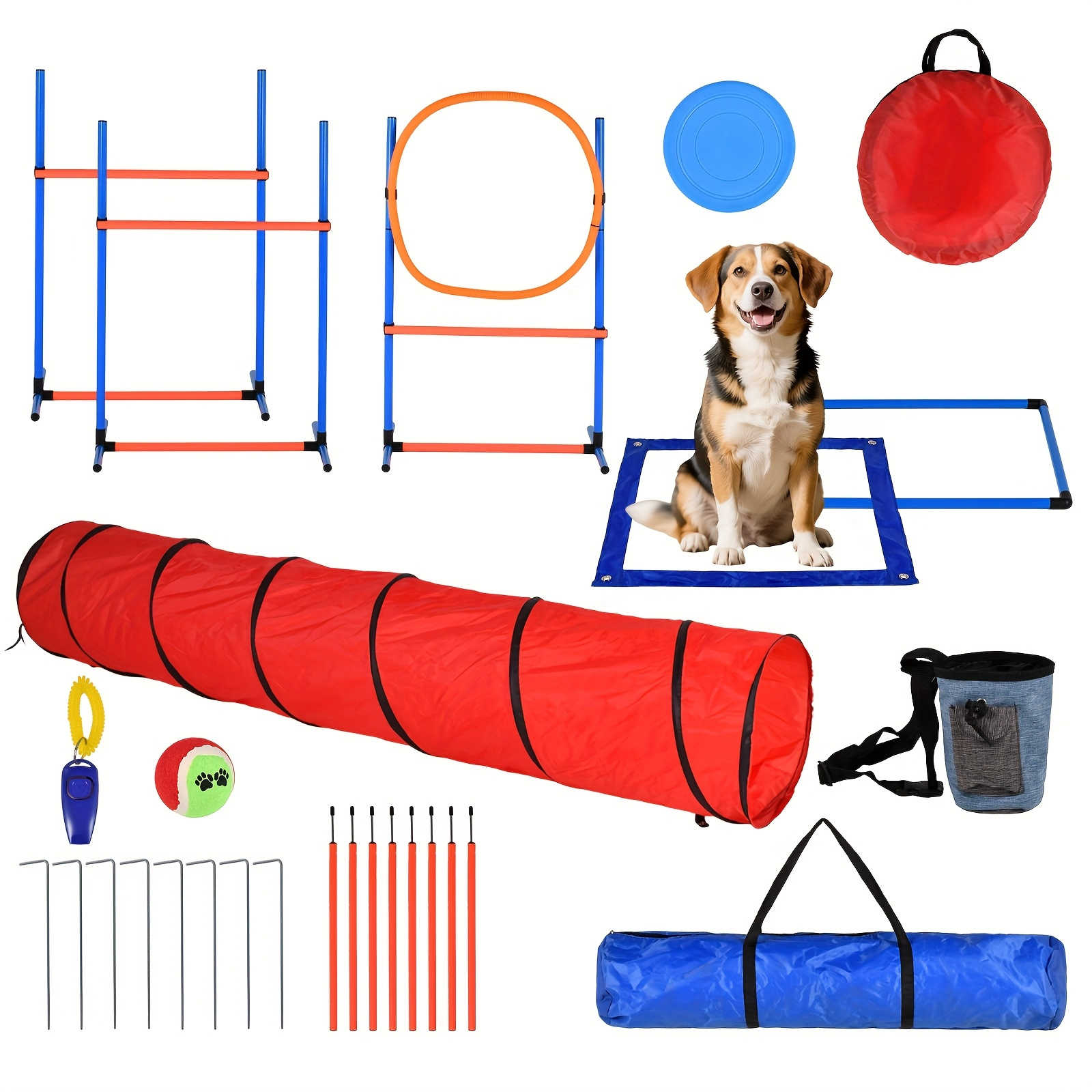 TEMU Dog Agility Training Starter Kit, Portable Backyard Obstacle Course Set With Tunnel, Weave Poles, Hoop Jumps, Toy Balls & Storage Bag For