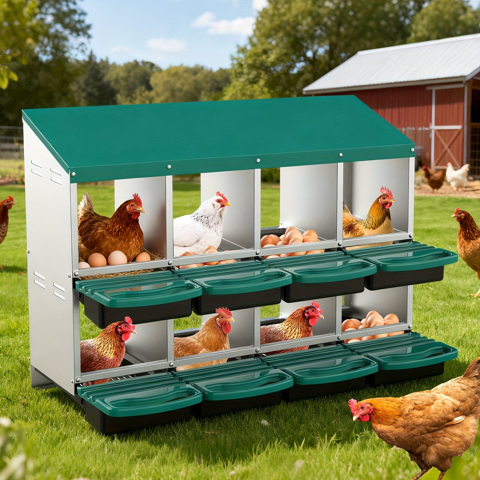 TEMU Metal Poultry Nesting Box, 2 Holes Hen Laying Box, Auto Egg Collection, Ventilated Hygienic Poultry Nest, Wall Mount Or Stand Alone, Quick