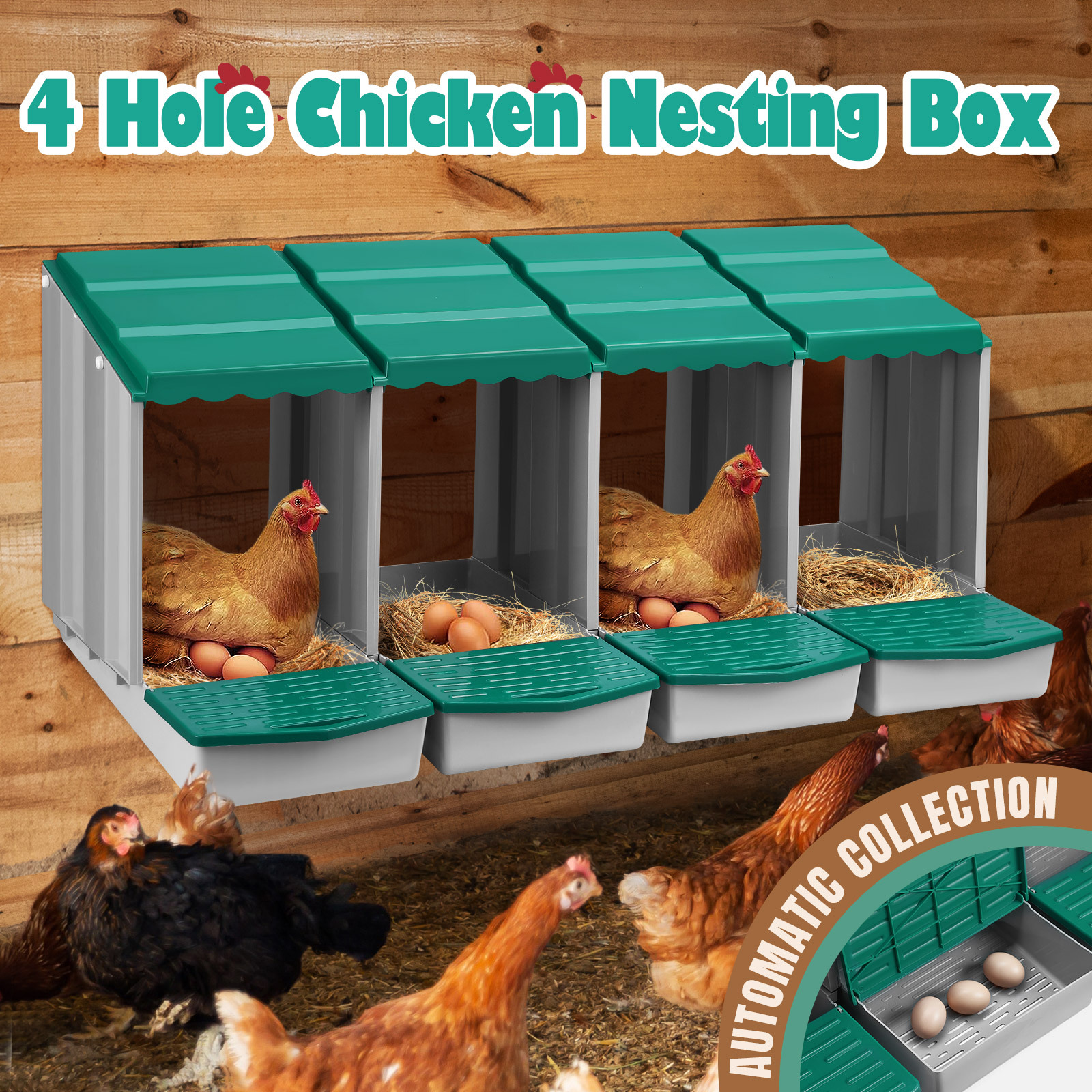 TEMU Chicken Nesting Box 4 Hole Chook Hen Poultry Out Laying Boxes Hutch Modular House Coop Lay Perch Brooder Plastic