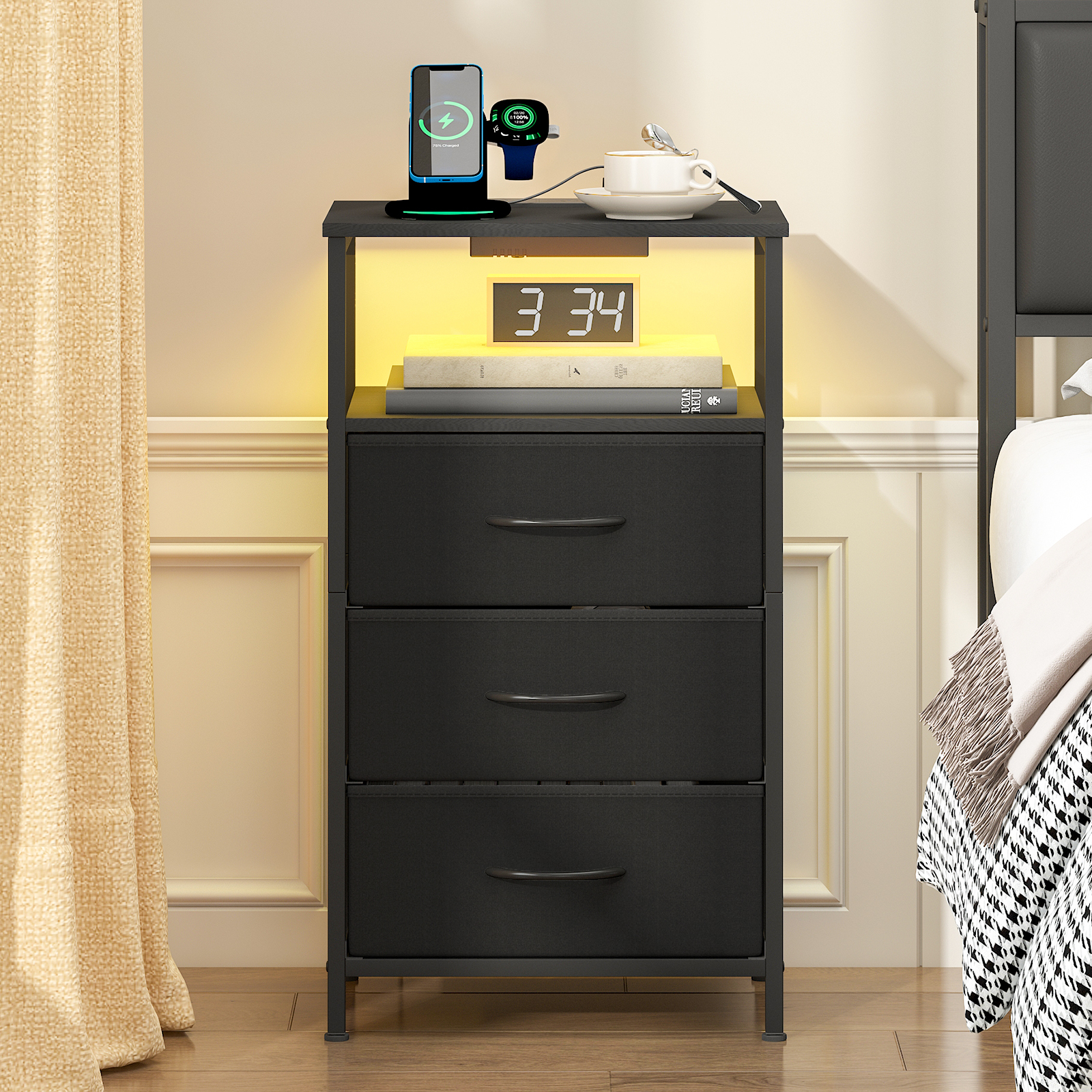 TEMU Advwin Bedside Table With 3 Fabric Drawers, Led Nightstand With Charging Station And Usb Port, Chest Of Drawers With Storage Shelf, Black