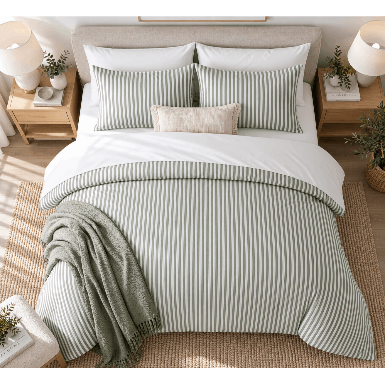 TEMU Sage Stripe Quilt Cover Set | Jacquard Duvet Cover | Bedding | Au Standard Sizes – Single, Queen, King & Super King