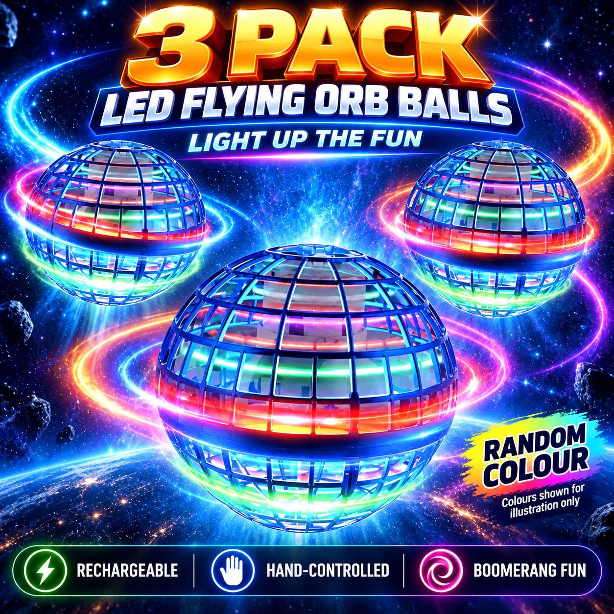 TEMU 3pcs Led Flying Orb Hover Ball – Rechargeable Hand-controlled Boomerang Drone Spinner Toy For Indoor Outdoor Fun, Safe Fidget Gift For Kids,