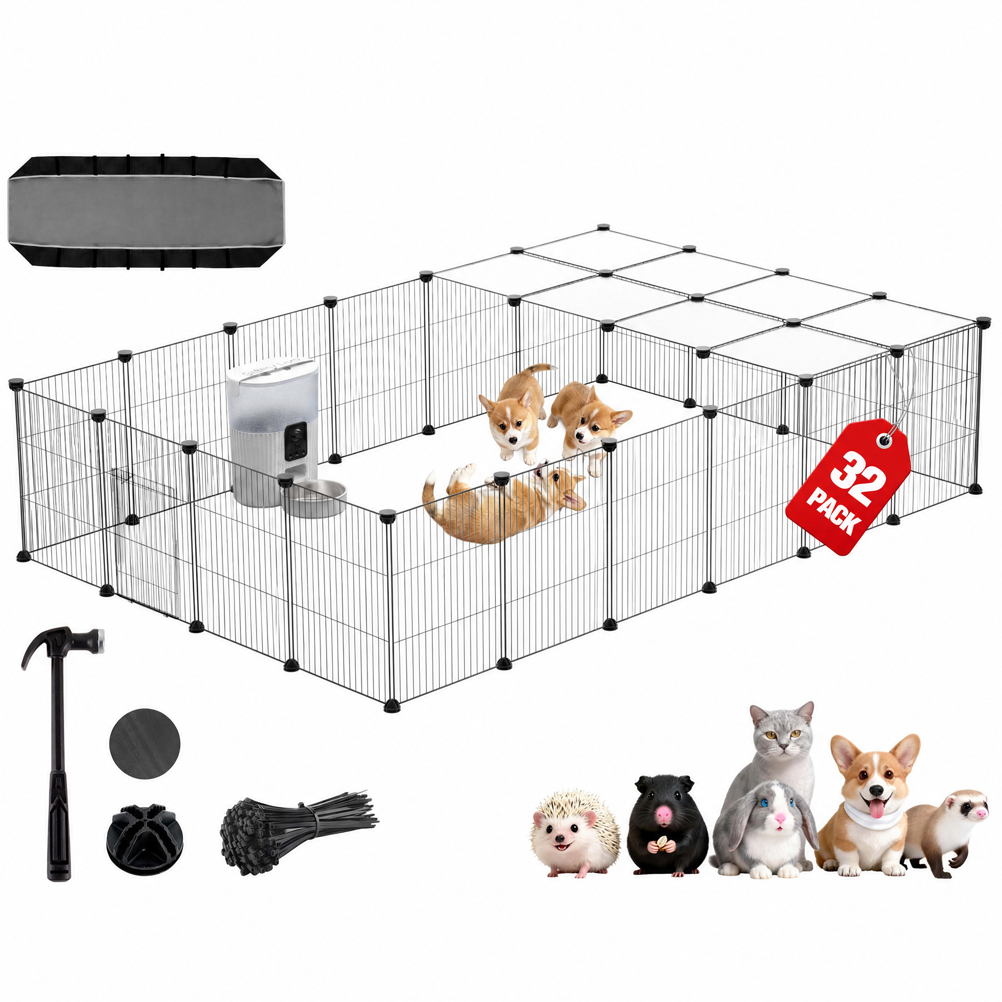 TEMU Small Animal Diy Pet Playpen 32 Panels, Small Animal Cage, Expandable Metal Grids Hedgehog Guinea Pig Cages, Rabbit Cage Indoor With Pvc