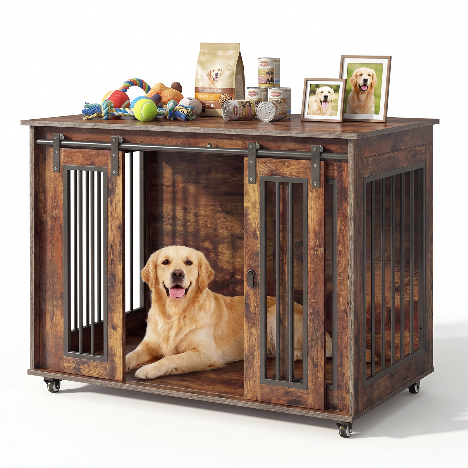 TEMU Dog Crate Furniture 98x60x78cm With 360° Wheels, 2-in-1 Pet Kennel End Table, Indoor Dog House, Heavy Duty Metal Wooden Frame