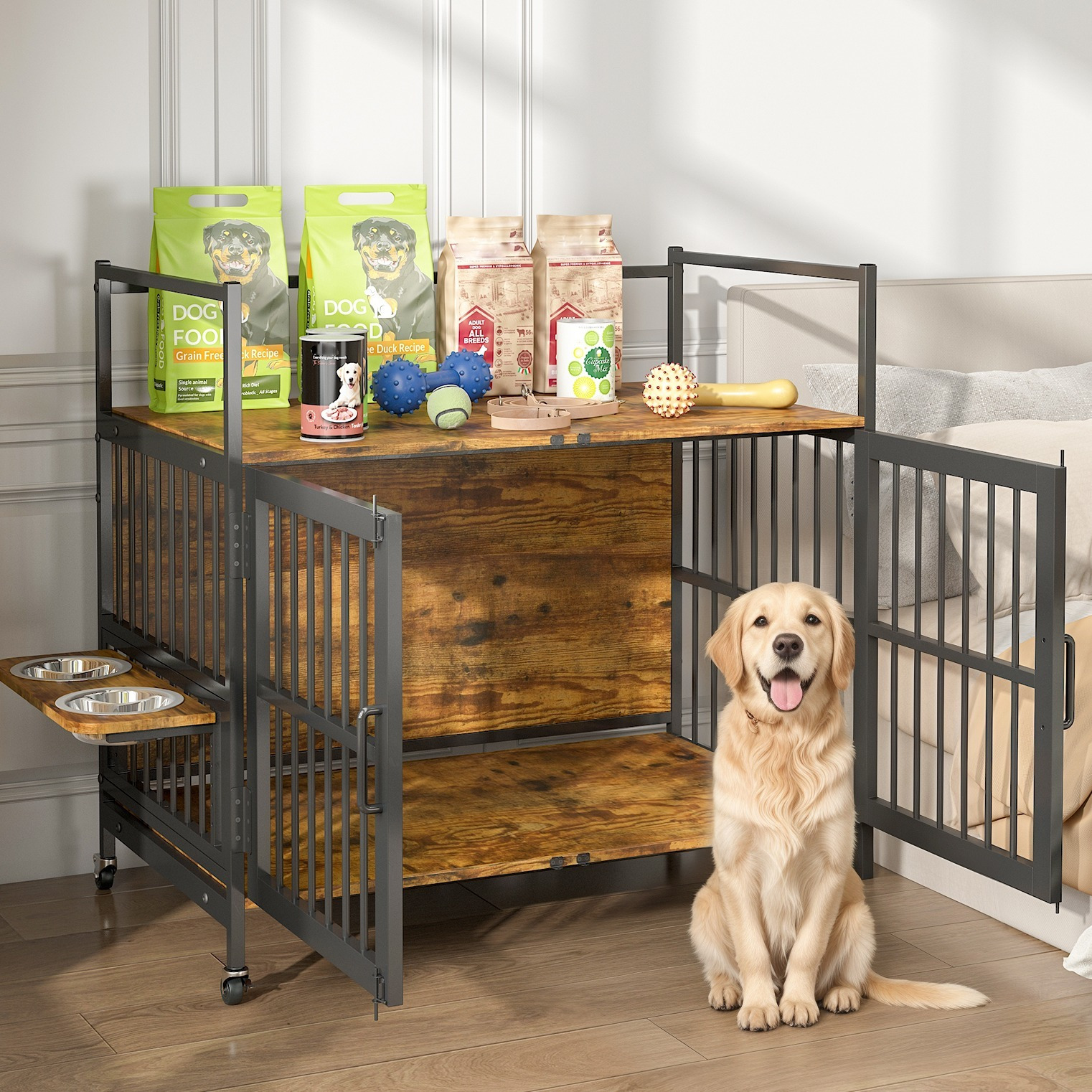TEMU Dog Crate Furniture, Indoor Heavy-duty Dog Kennel With 360° & Adjustable Raised Feeder, Dog Cage With Wheels, 99cm Side End Table For Small