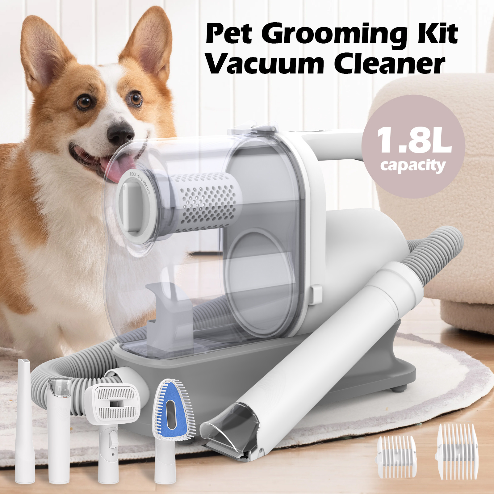 TEMU 5 In 1 Pet Grooming Vacuum Kit Hair Remover With Clipper Shedding Brush Deshedding Tool 1.8l Dust Cup