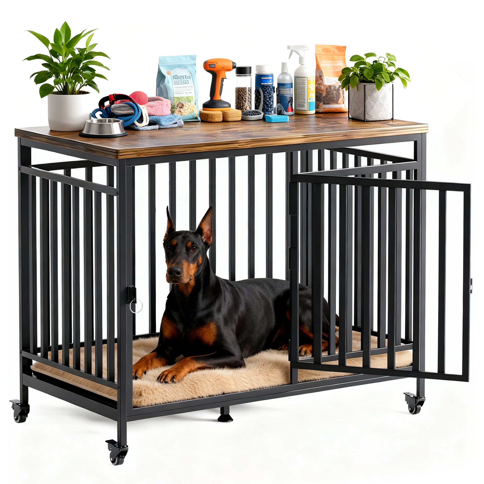 TEMU Dog Crate Furniture With Wheels, Wooden Heavy Duty Pet House Chew Proof Metal Tube Cage For Large Dogs