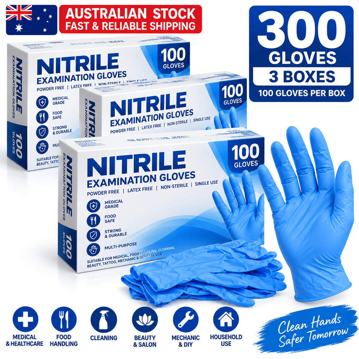 300pcs Blue Nitrile Disposable Gloves, Powder Free Latex Free Medical Grade Examination Gloves, Food Safe Gloves for Cooking, Food Handling, Kitchen, Cleaning, Restaurant, Catering, Healthcare, Beauty Salon, Tattoo, Mechanic, Household & Commercial Use, Strong Durable Single Use Protective Gloves