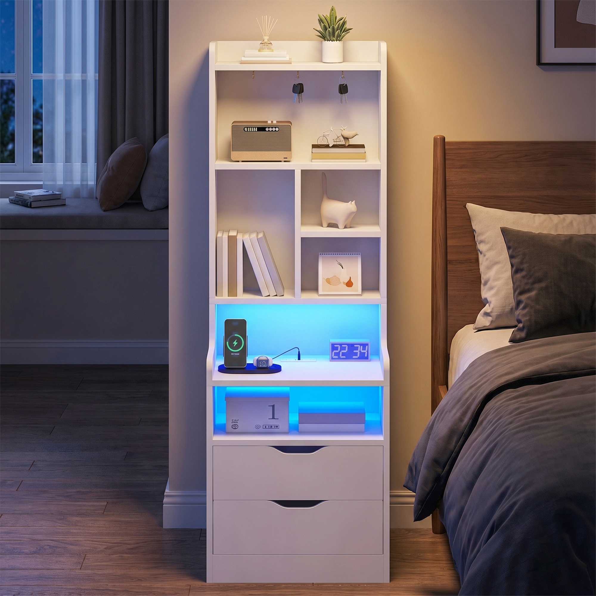 TEMU Tall Nightstand With Charging Station And Bookshelf, , Led Lights, Bedside Table With 3 Drawers, 6 Storage Shelves, 3 Hanging Hooks, Side Table