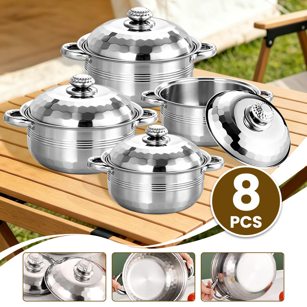 TEMU 8pcs Thick-base Stainless Steel Cookware Set With Glass Lids (4 Pots + 4 Lids). Compatible With All Stovetops. Features Dual Handles, Diamond