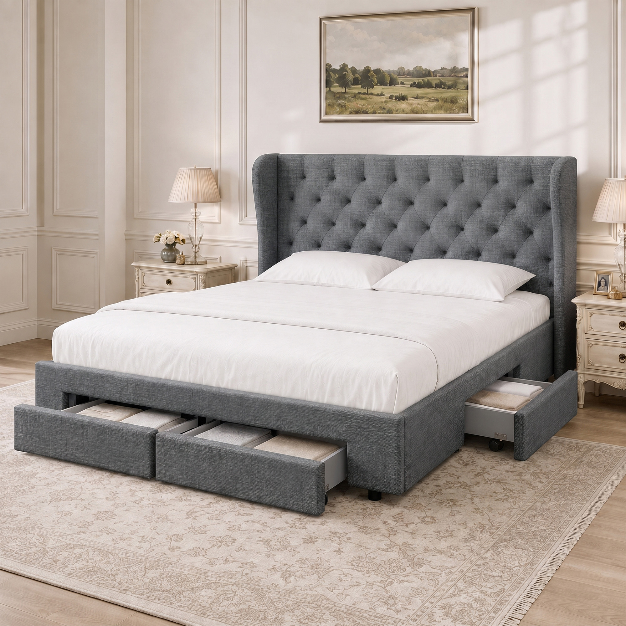 TEMU Queen Bed Frame Platform Wingback Headboard Frames Beds Base With 4 Storage Drawers Bedroom Room Decor Home Furniture, Upholstered With Charcoal