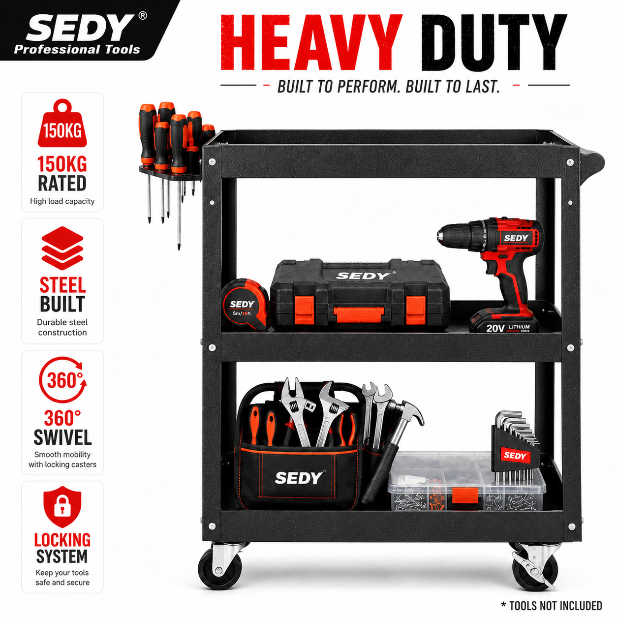 TEMU 3-tier Heavy Duty Rolling Tool Trolley Cart With Tool Holder & Lockable Castors, Steel Workshop Utility Cart 150kg Capacity