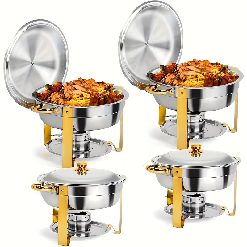 TEMU 2/4pcs Stainless Steel Buffet Insulated Pot, Round Chafing Dish, With Lids And Lid Racks, Suitable For Catering Events, Parties, Weddings,