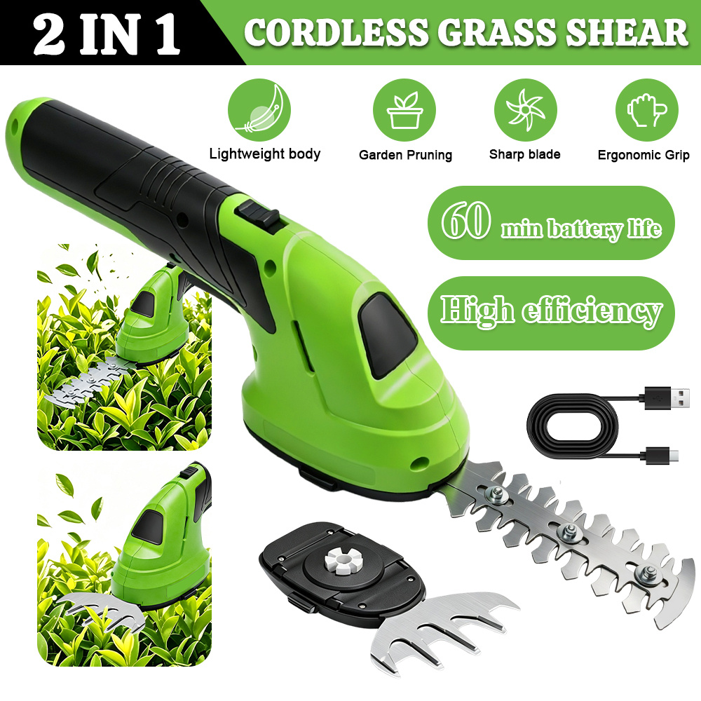 TEMU 2 In 1 Cordless Handheld Hedge Trimmer, Usb Rechargeable Electric Grass Shear & Shrub Trimmer With 2 Replaceable , Portable Wireless Garden Tool