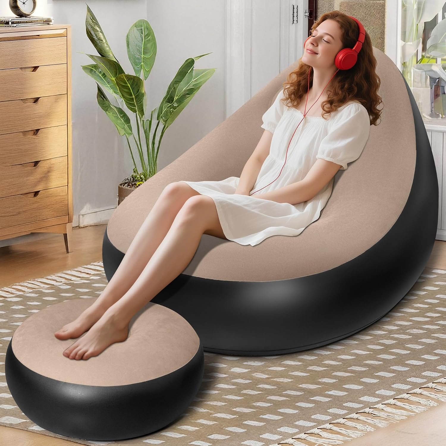 TEMU Inflatable Sofa Foldable Air Sofa Chair With Footrest Soft And Leisure Lounger Portable For Outdoor Use, Suitable For Lying And Sleeping