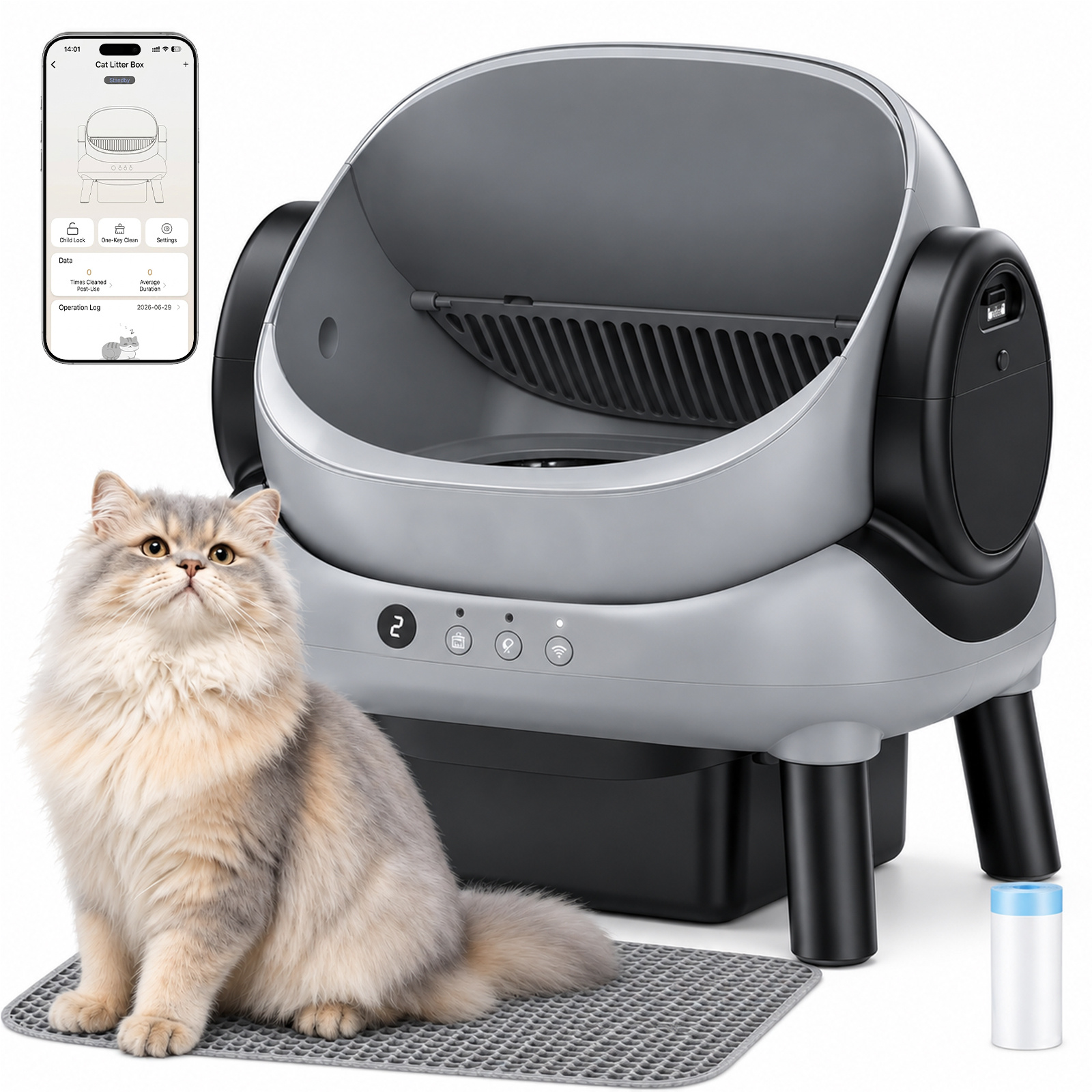 TEMU Automatic Cat Litter Box With App Control, Self Cleaning Litter Robot With Garbage Bags & Litter Mat, Anti-pinch, Extra Large Litter Tray For