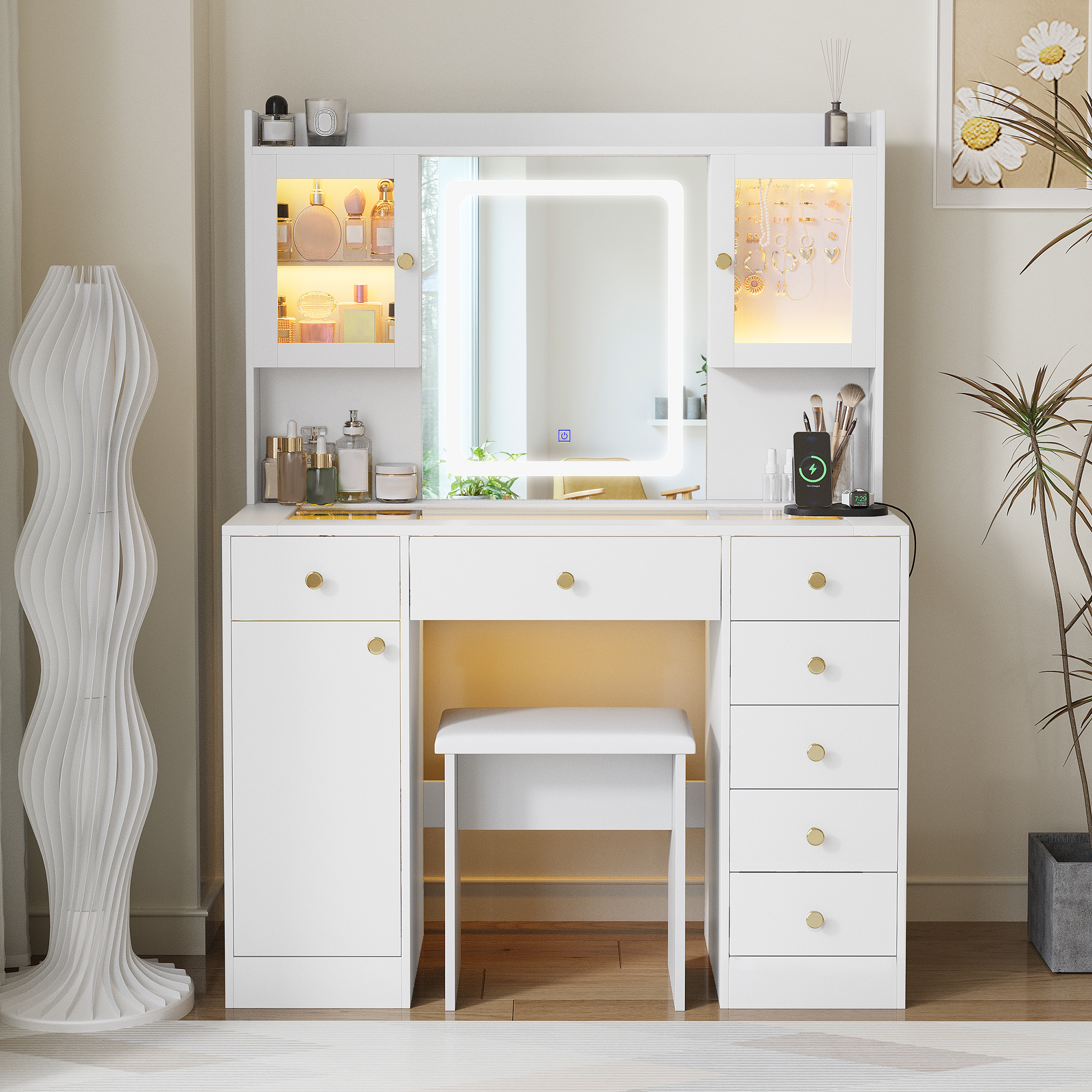 TEMU Advwin Makeup Vanity Desk With Mirror & Led Lights, Large Glass Desktop Vanity Table With 7 Drawers & 3 Cabinets, Modern Dressing Table With