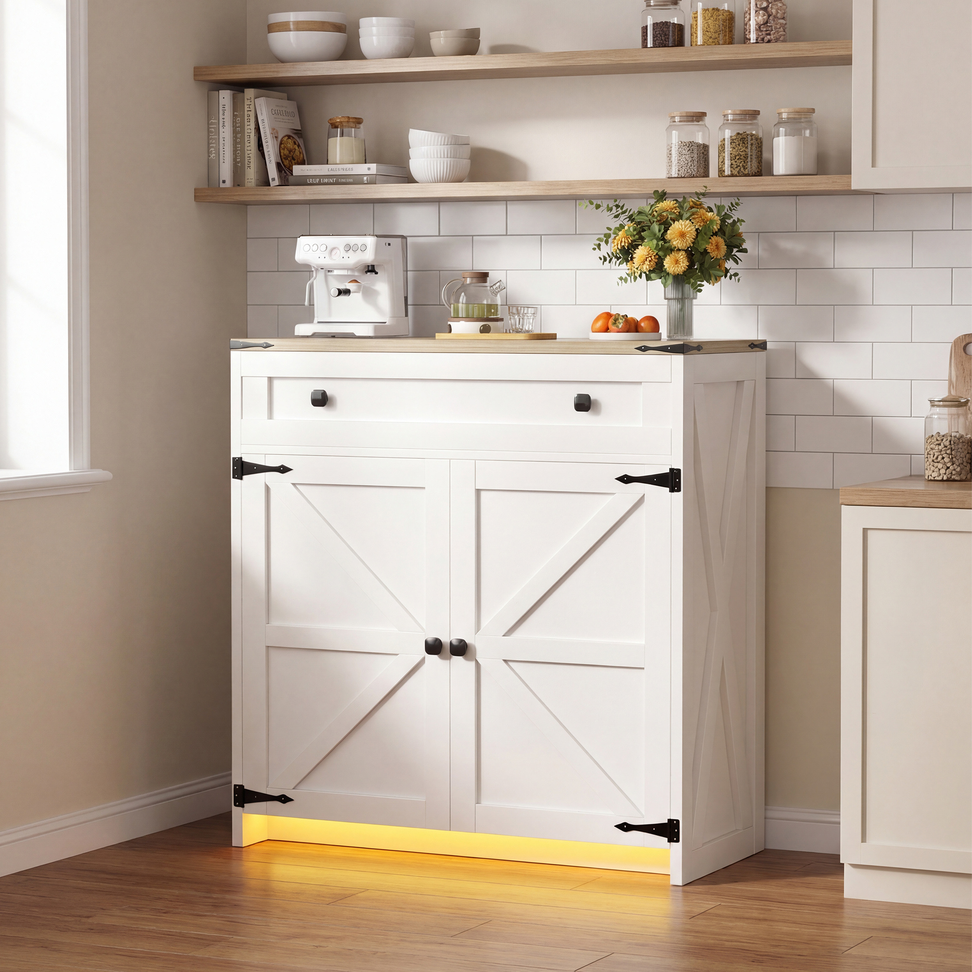 TEMU Advwin Farmhouse Sideboard Buffet Cabinet With Led Light & Adjustable Shelf, Modern Coffee Bar With Drawer & Barn Doors, Storage Pantry Cabinet