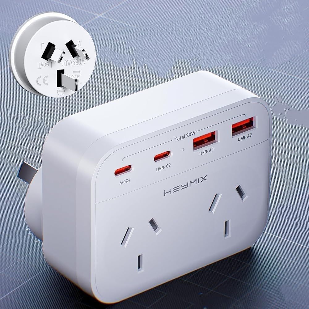 TEMU Usb Plug Extension - Pd 20w Usb C Powerpoint, 2 Way Socket Extender With 2 Usb-c & 2 Usb A, 6-in-1 Grounded Plug Power Outlet Double Adapter,