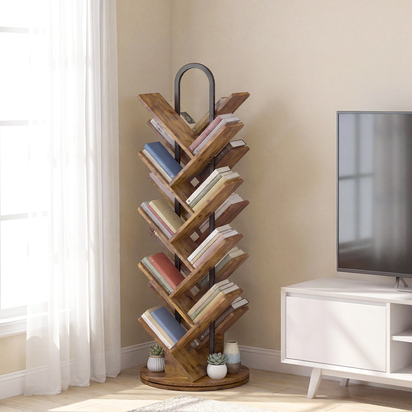   16 tier narrow tree bookshelf rotating bookcase book organizer shelves for magazines dvds books corner bookcase for small spaces living room bedroom home office rustic brown