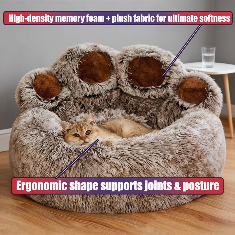 Pet Bed Bear Paw Shape Removable Pet Bed Short Plush Fabric All-Season Use Multiple Sizes M-3XL Gray Stain-Resistant - Image 10