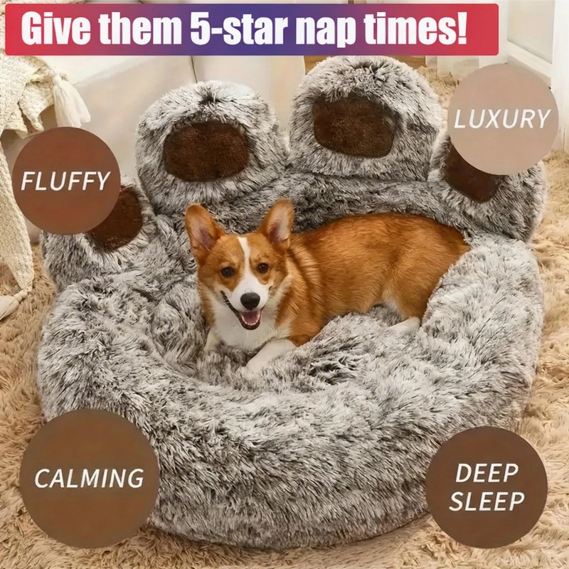 Pet Bed Bear Paw Shape Removable Pet Bed Short Plush Fabric All-Season Use Multiple Sizes M-3XL Gray Stain-Resistant - Image 7