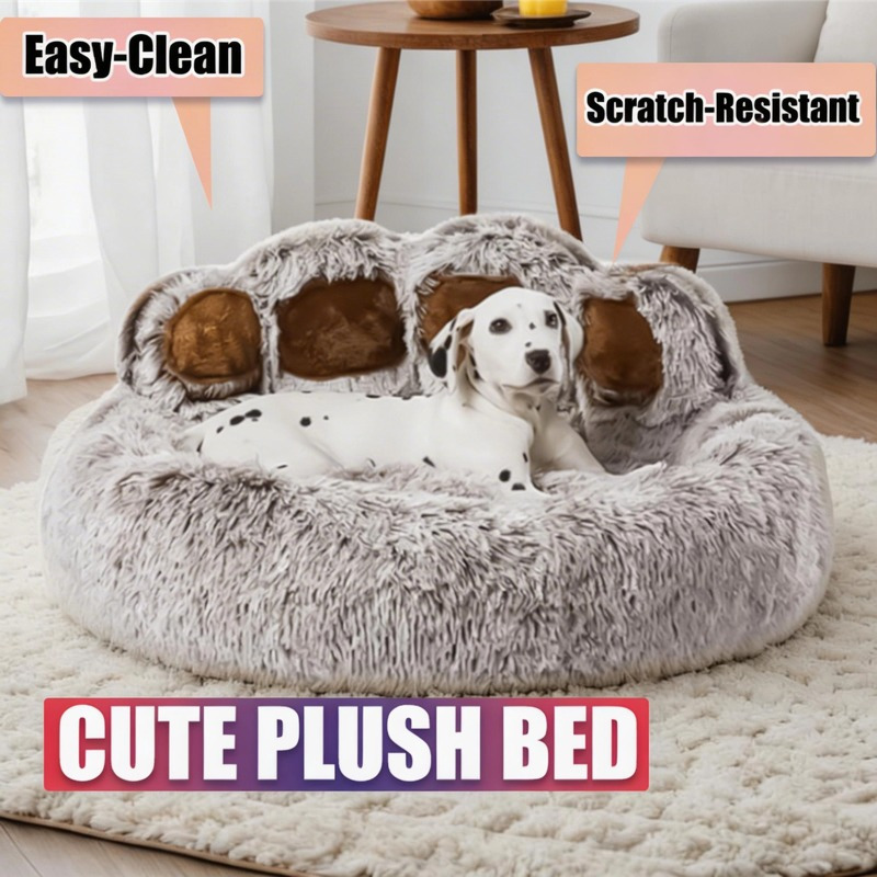 Pet Bed Bear Paw Shape Removable Pet Bed Short Plush Fabric All-Season Use Multiple Sizes M-3XL Gray Stain-Resistant