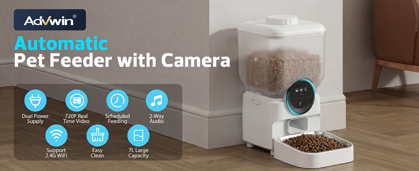Advwin 7L Automatic Cat Feeder With 720P Camera, APP Control, Large Capacity, Two-Way Audio, Night Vision, Rechargeable Design For Cats & Small Dogs