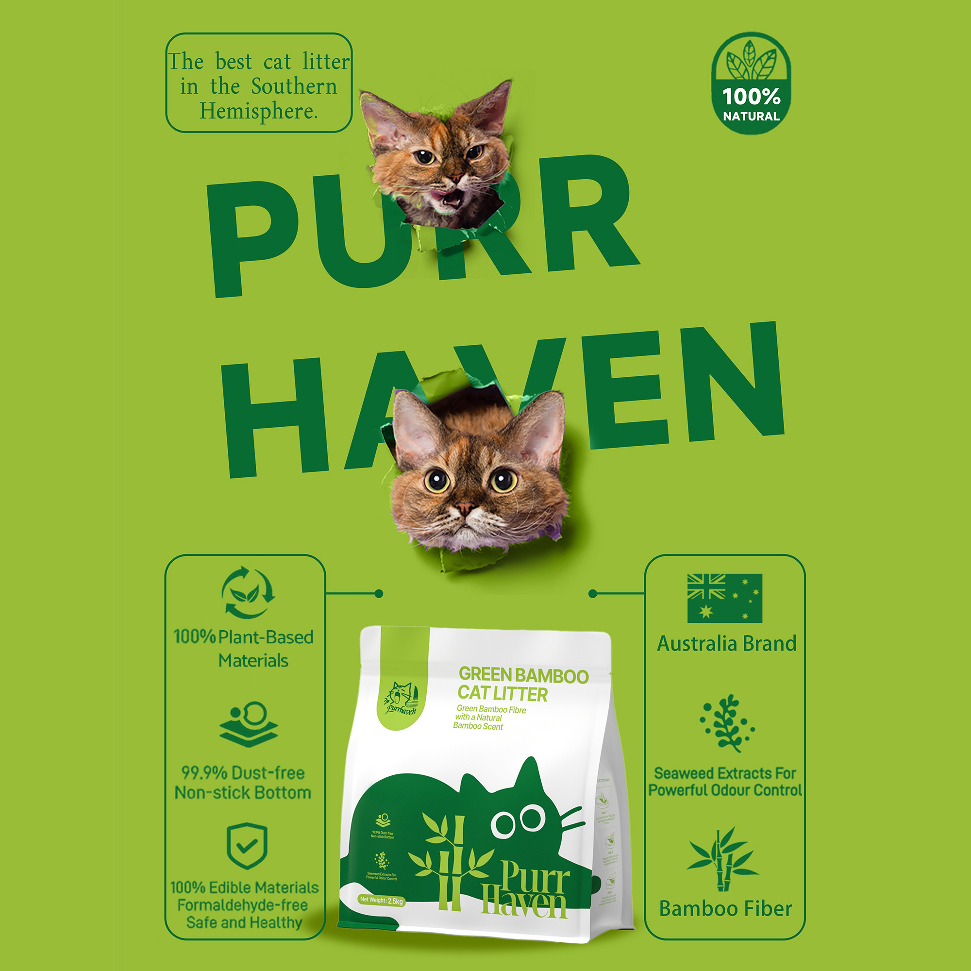 PurrHaven Fast Clumping Cat Litter Tapioca, Green Tea, Bamboo Natural Scents, 7.5/15/30kg Dust Free Odor Control