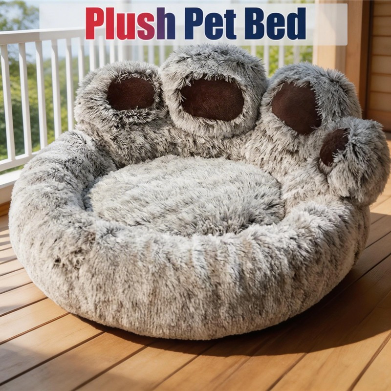 Pet Bed Bear Paw Shape Removable Pet Bed Short Plush Fabric All-Season Use Multiple Sizes M-3XL Gray Stain-Resistant