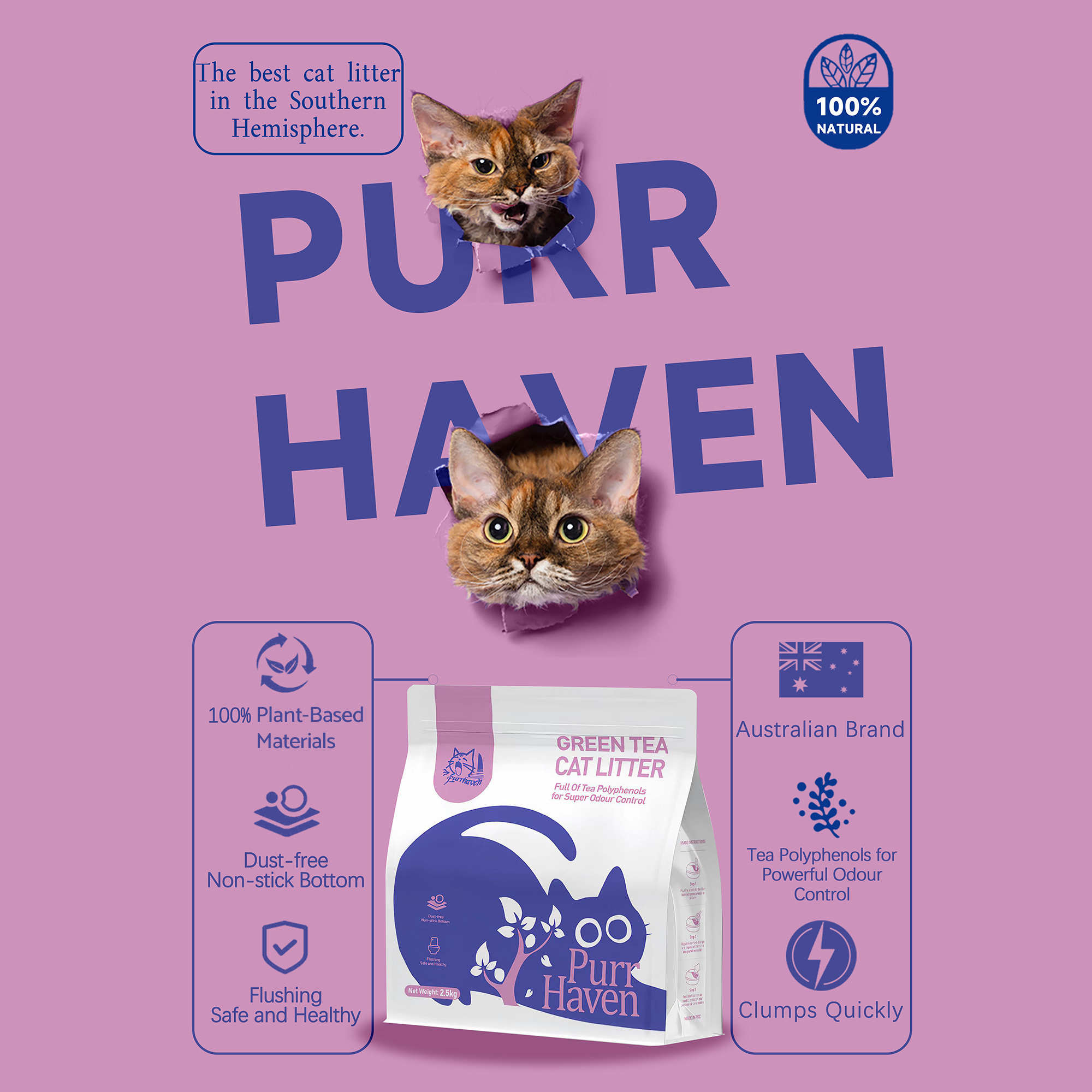PurrHaven Green Tea Clumping Cat & Kitty Litter, 15kg (6 Pack),Dust Free,Easy to Clean,Odour Neutraliser,Rapid Liquid Absorption,Plant-based ingredients