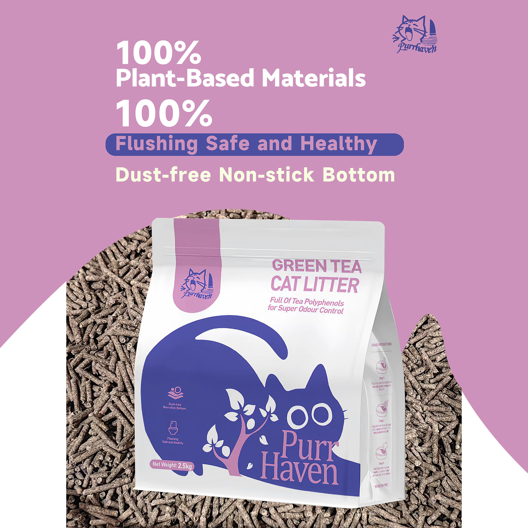 PurrHaven Green Tea Clumping Cat & Kitty Litter, 15kg (6 Pack),Dust Free,Easy to Clean,Odour Neutraliser,Rapid Liquid Absorption,Plant-based ingredients