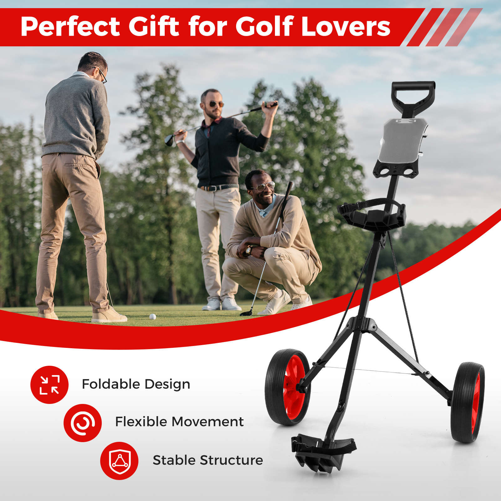 TEMU Goplus Foldable Lightweight Golf Walking Trolley 2-wheel Golf Push Cart W/scorecard Holder Elastic Strap Red Quick Folding Trolley Golf Cart