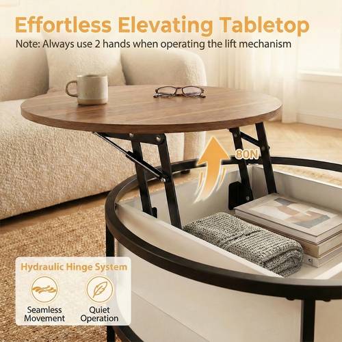 2 tier round lift top coffee table w hidden compartment side shelves cocktail table teak black
