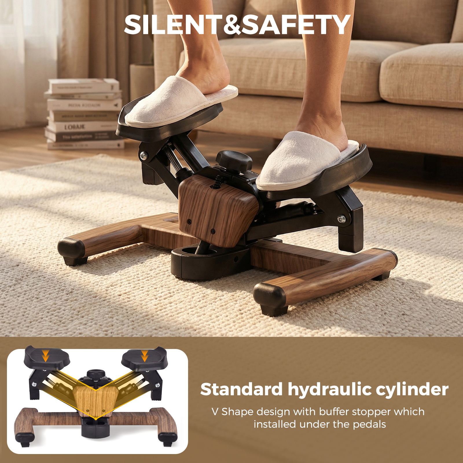 Advwin Mini Stepper Exercise Machine with LCD Monitor, Wood Grain Design Hydraulic Stair Stepper for Home Workout, Quiet & Compact Fitness Stepper for Total Body Toning, Max 100kg Capacity
