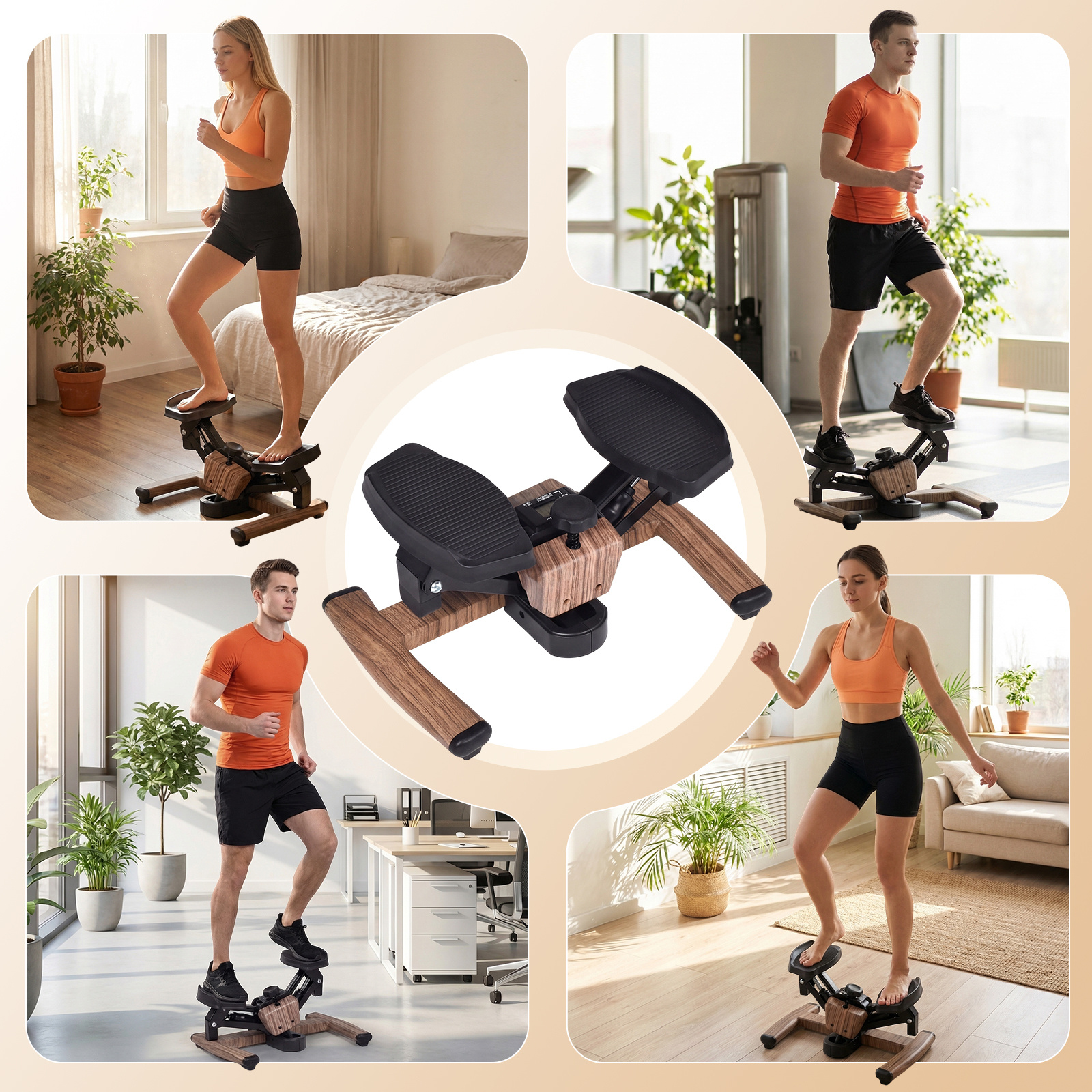 Advwin Mini Stepper Exercise Machine with LCD Monitor, Wood Grain Design Hydraulic Stair Stepper for Home Workout, Quiet & Compact Fitness Stepper for Total Body Toning, Max 100kg Capacity